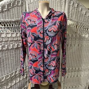 LANDS END Windbreaker Jacket MOD Floral Abstract Full Zip Hooded Nylon‎ Womens M
